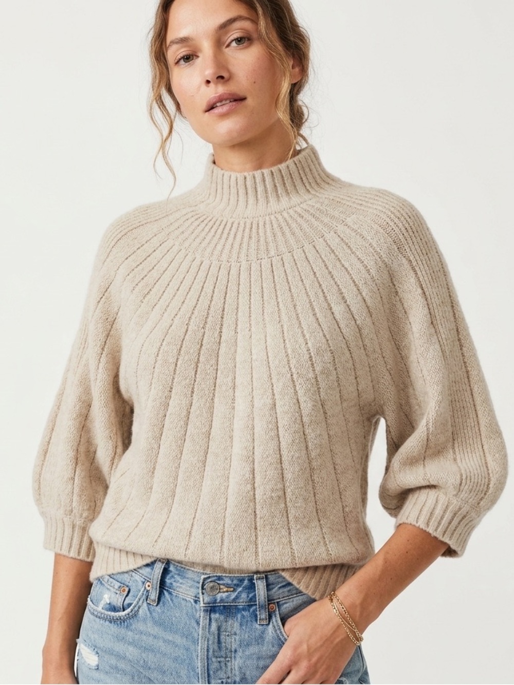 Vince Beige Knit Mock Neck Sweater Top | 3/4 Sleeve